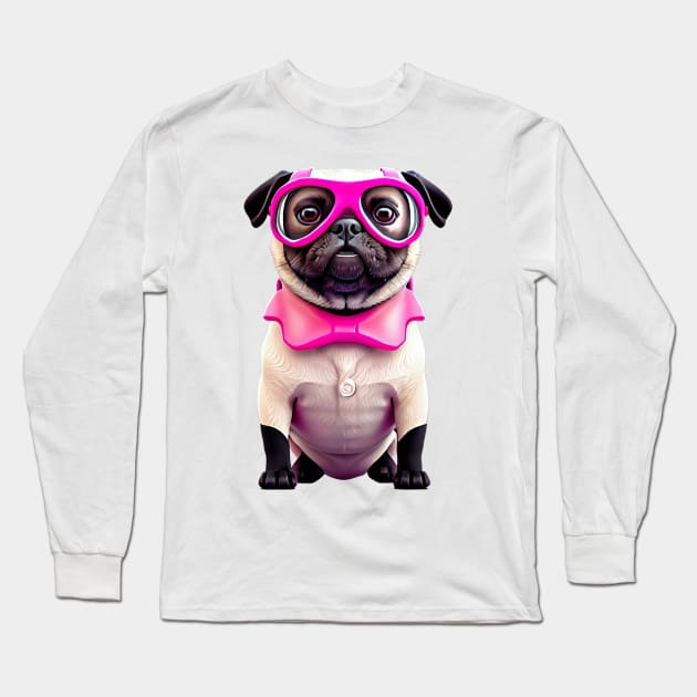 Cute Pug with Pink Glasses and Apron - Adorable Superstar Celebrity Dog Design Long Sleeve T-Shirt by fur-niche